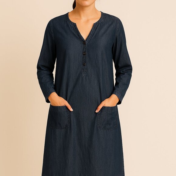 Boden Navy Blue Cotton Tunic Vneck Dress Sz 6 Long Retro Inspired Boho chic - Picture 1 of 10